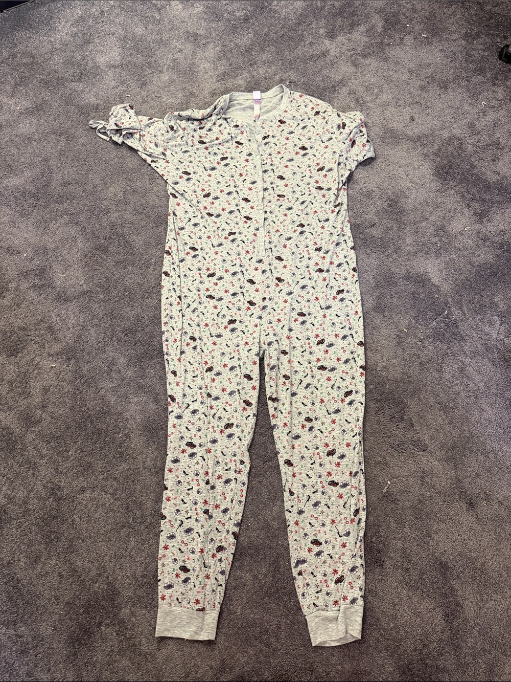 Savage X Fenty Light Gray Floral One-Piece Pajama Romper with Red Accents